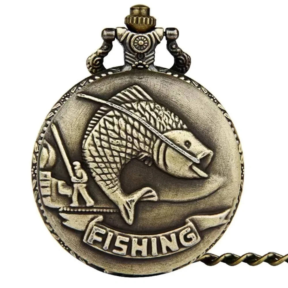 Pocket Chain Watch Fishing Theme Sportsperson Bronze Steampunk Retro Style Gift